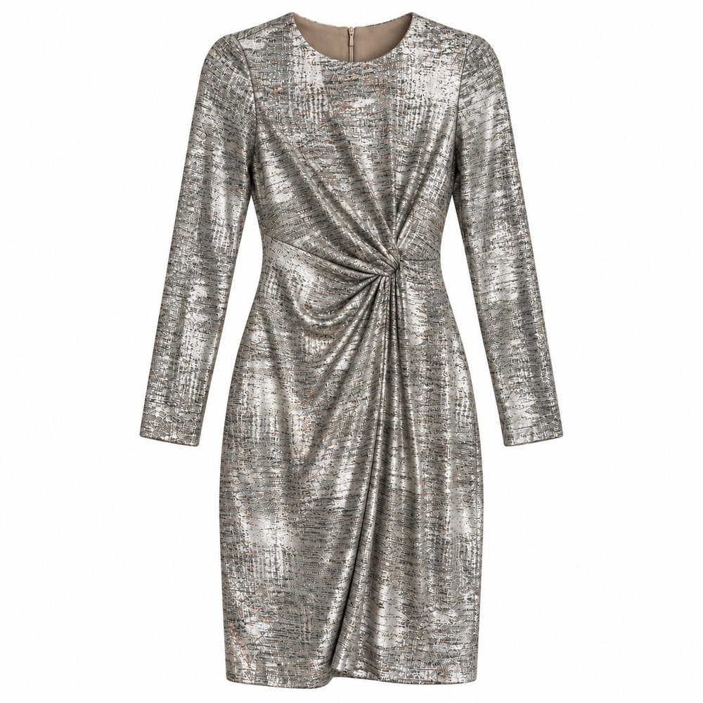 Vince Camuto Metallic Silver Ruched Twist Front Stretch Dress Size 6 Long Sleeve